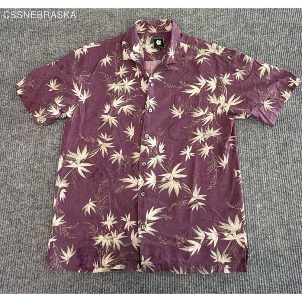 Aureus Silk Mens Purple Hawaiian Tropical Bamboo Floral Button Up Shirt M